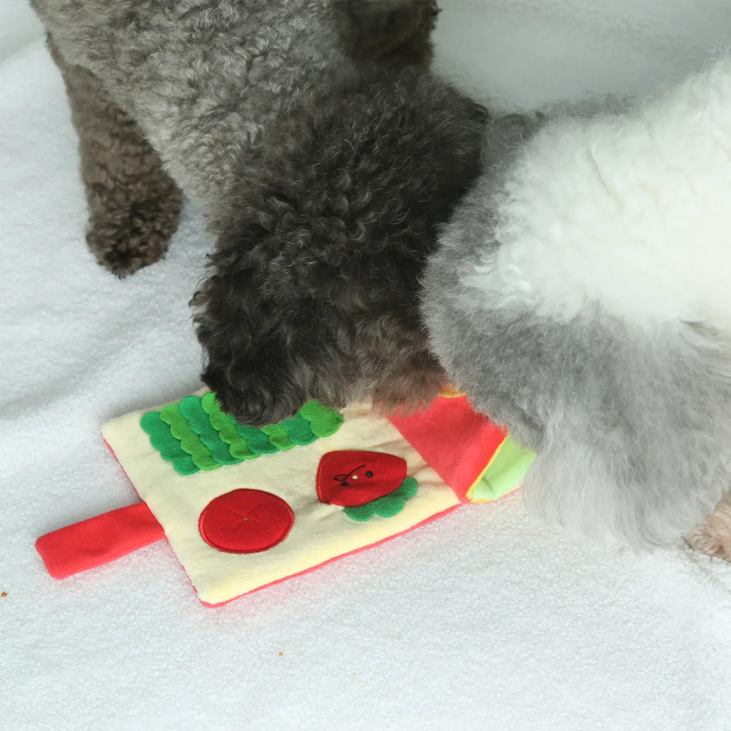 Red book shaped plush pet toy with hidden food compartment and squeaky sound for dogs and cats