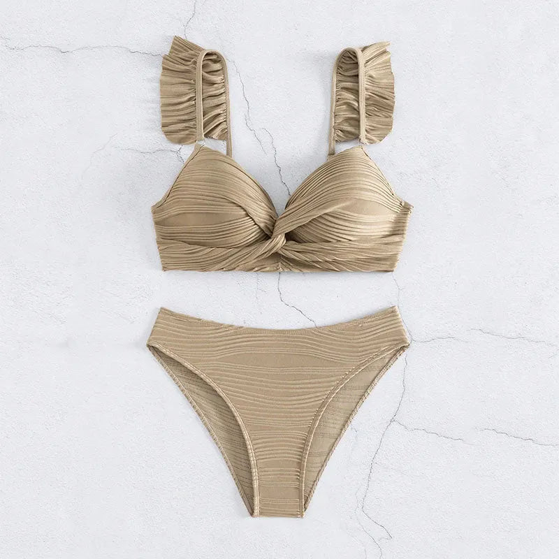 Women's solid colour bikini swimsuit set in black or khaki on a mannequin.
