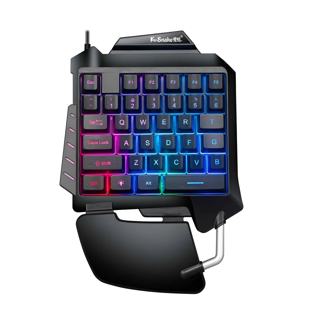 Black one-handed throne converter gaming keyboard for left-hand control with USB cable and wrist rest
