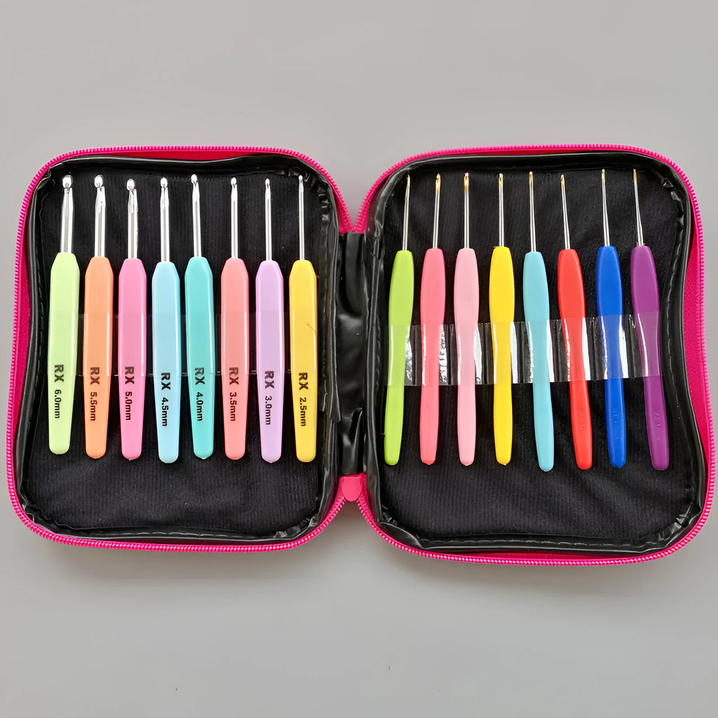 Complete 16-piece crochet hook set showing thick ABS handles and thin polyethylene handles in PU storage bag