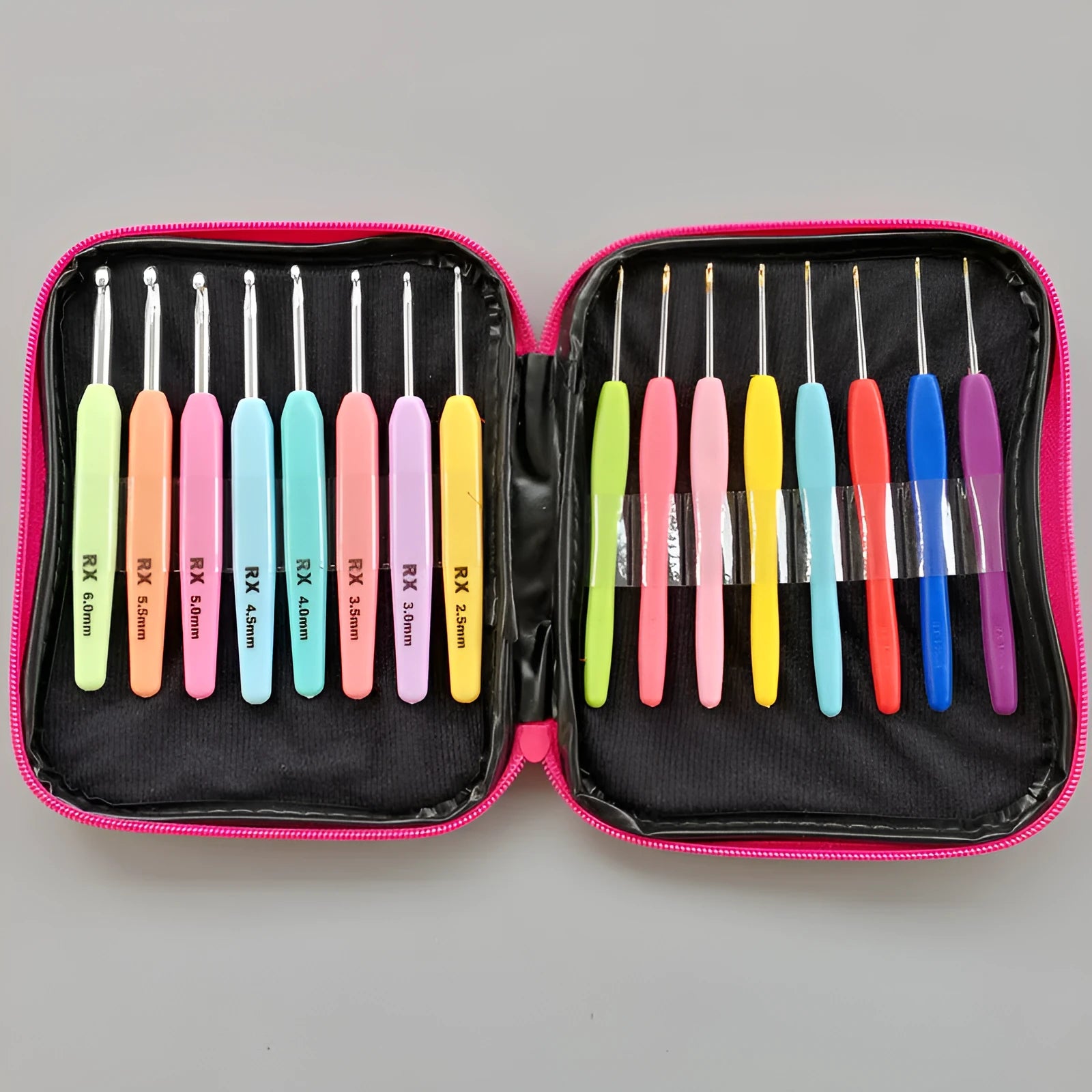 Complete 16-piece crochet hook set showing thick ABS handles and thin polyethylene handles in PU storage bag