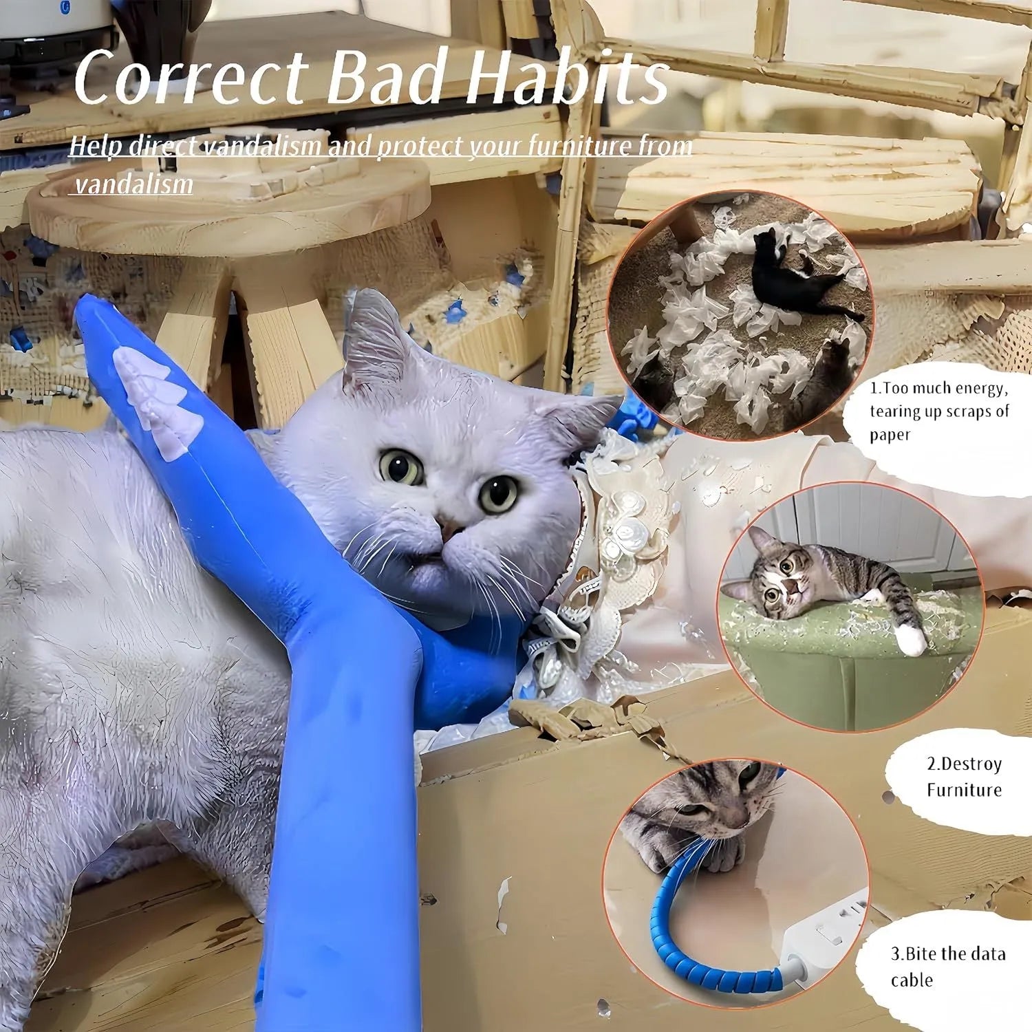 Blue plush cat wand toy extended to 70cm length with soft head for interactive pet play