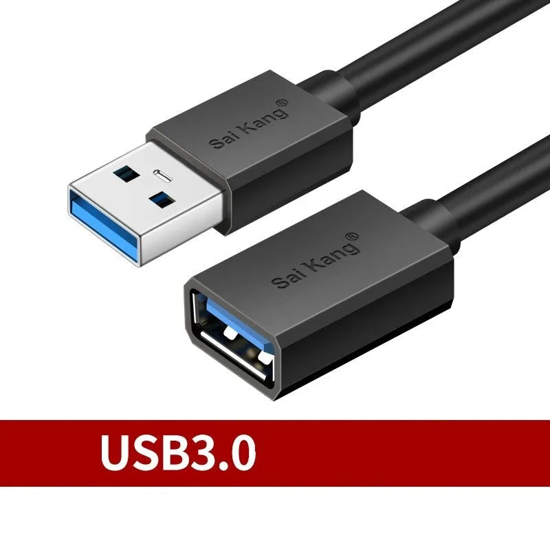 Black USB male to female extension cable showing connector details and available in multiple lengths.