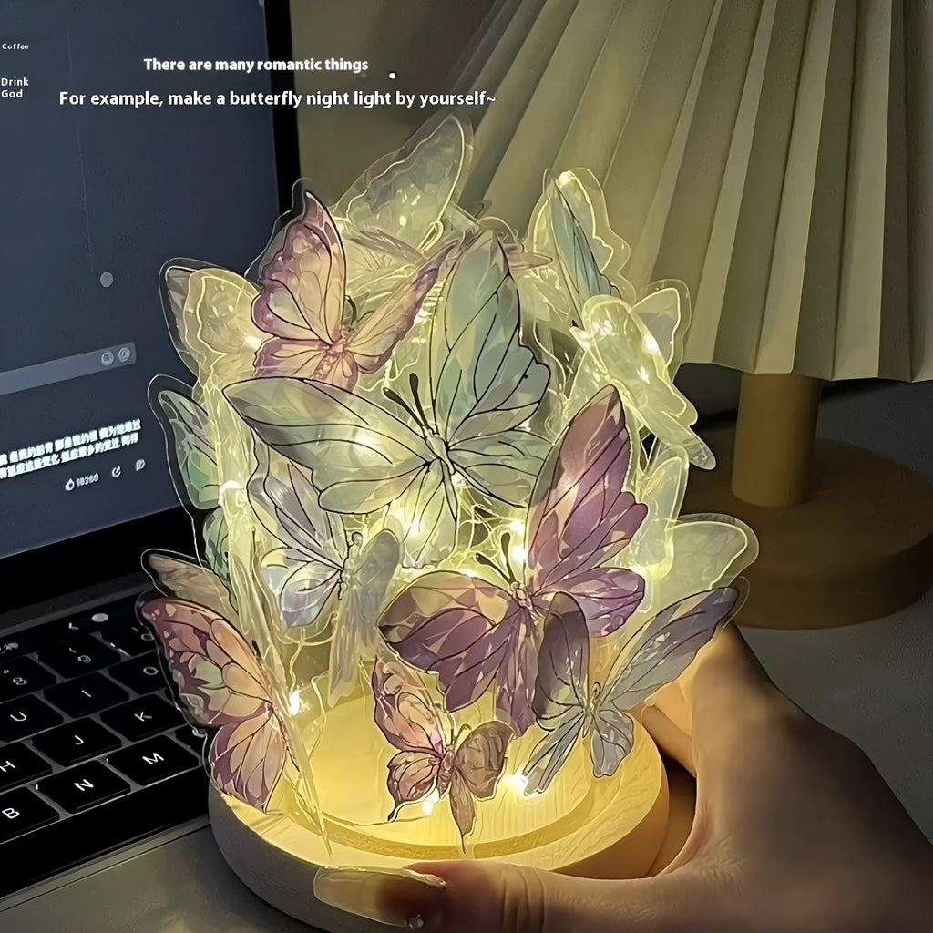 Butterfly night lamp with glass shade on raw wood base, 12x15cm bedside light