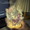 Butterfly night lamp with glass shade on raw wood base, 12x15cm bedside light