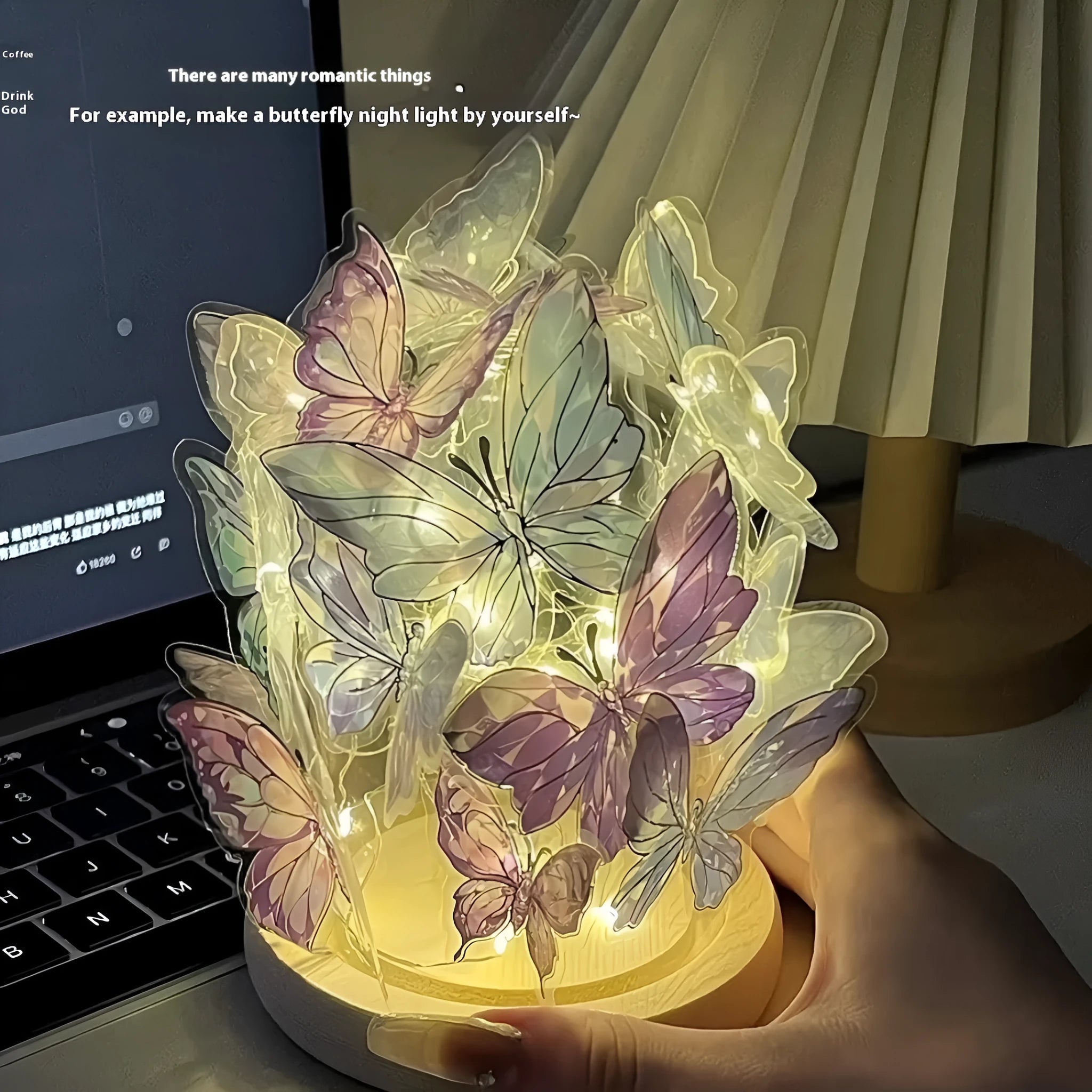 Butterfly night lamp with glass shade on raw wood base, 12x15cm bedside light