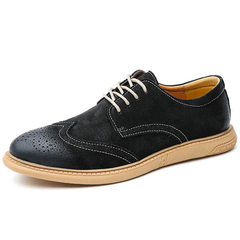 Men's black leather business formal lace-up shoes with a low top and rubber sole.