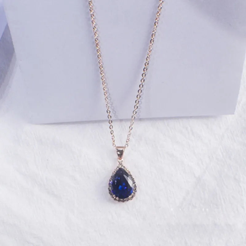 Women's rose gold water drop rhinestone necklace with geometric design and artificial gemstone inlay