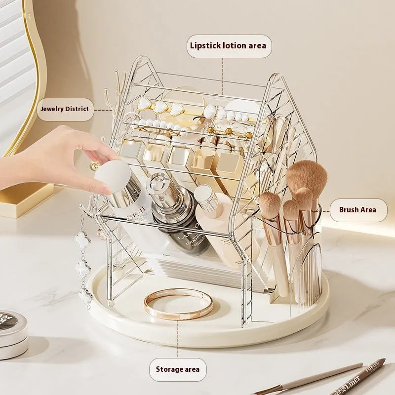 360 degree rotating cosmetics storage organiser box in clear and Amber Gold colours on a table.