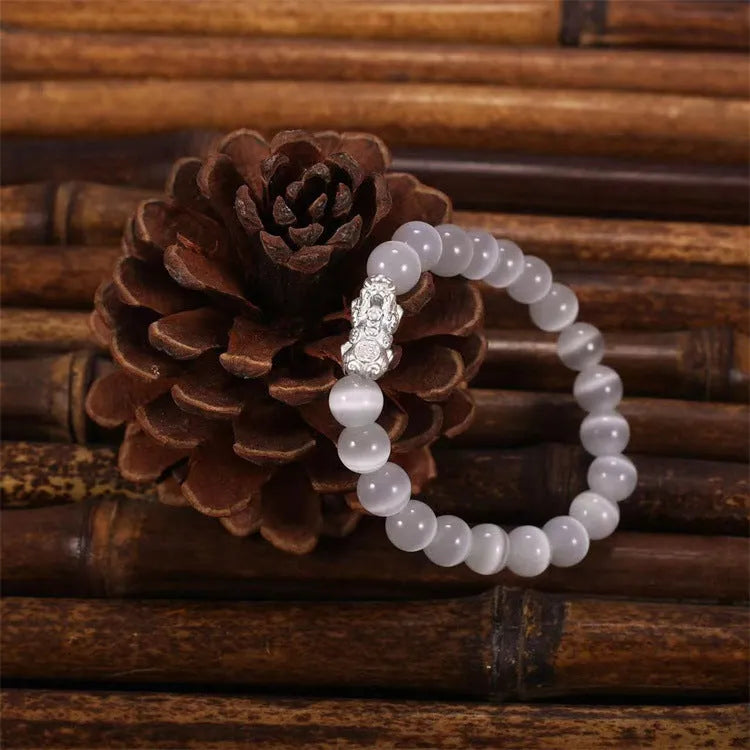 Natural crystal stone powder cat eye bracelet hand-woven silver with pink cat eye stones