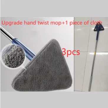 Extendable triangle cleaning mop with rotating head and stainless steel pole in blue colour