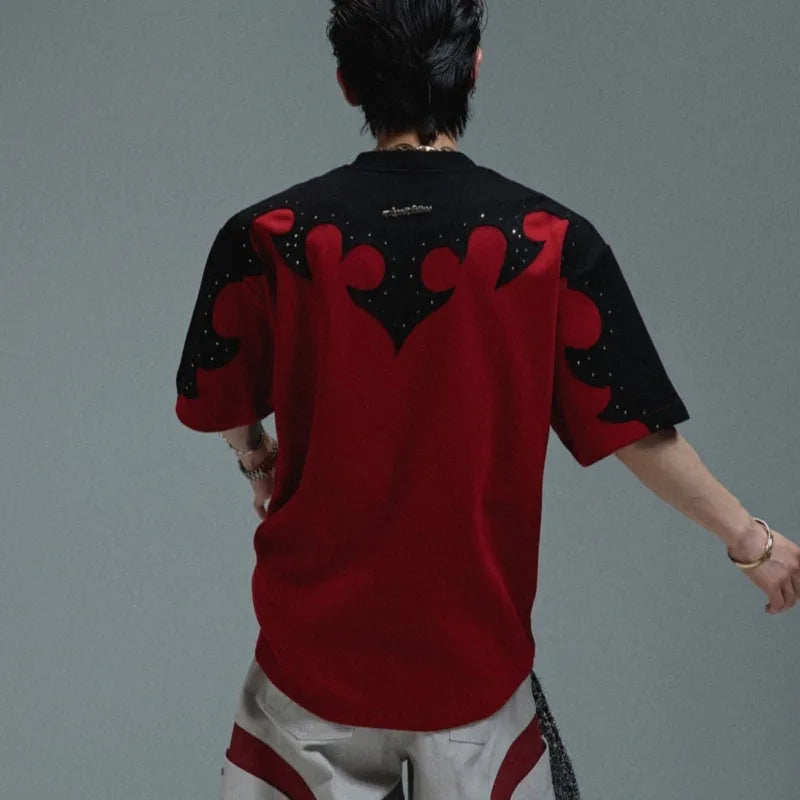Men's grey cotton t-shirt with three-dimensional stitching and burnt flower rhinestone design on front