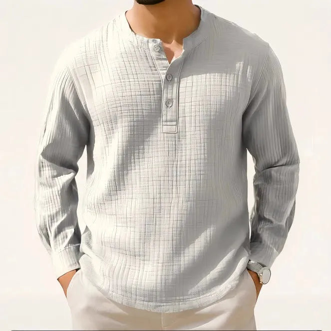 Slim fit linen and polyester long sleeve pullover shirt in army green.