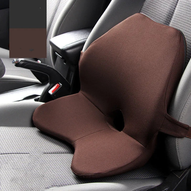 Memory foam car seat waist support pad in beige colour with optional headrest attachment