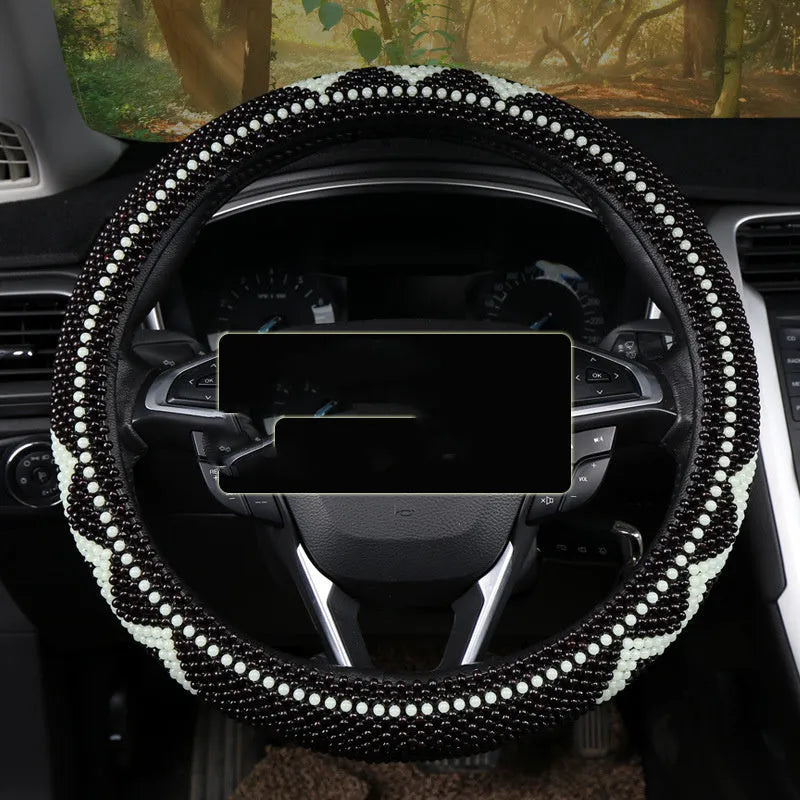 Small card light wooden bead steering wheel cover for 38cm wheels in black colour option