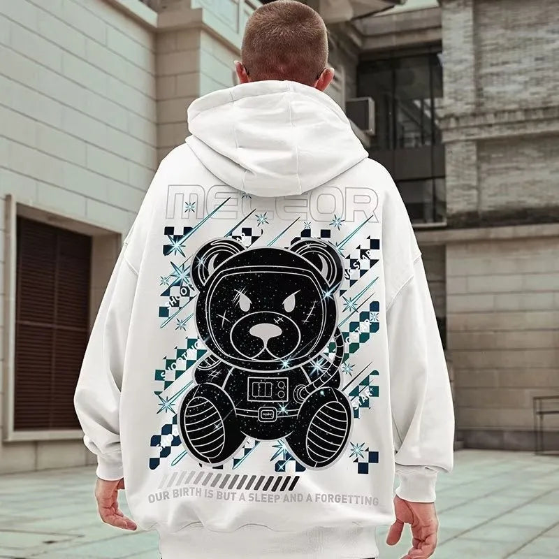 Hooded plus size men's pullover sweatshirt with wool lining in black, available in sizes M to 4XL