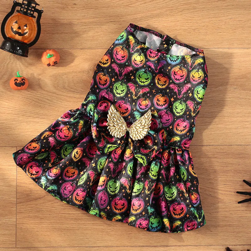 Angel wings Halloween dog costume in bright pumpkin colour showing wing design and size options