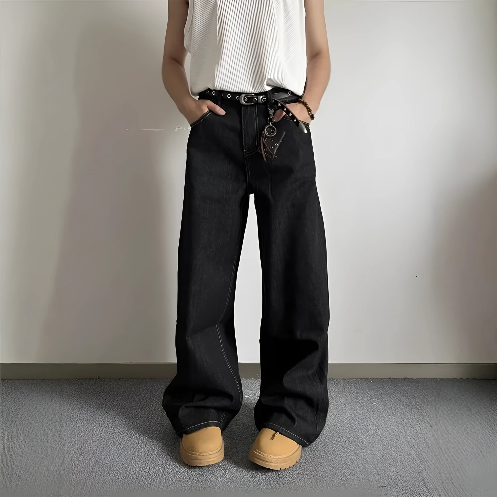 Black retro wide-leg jeans with straight-leg silhouette and mid waist design