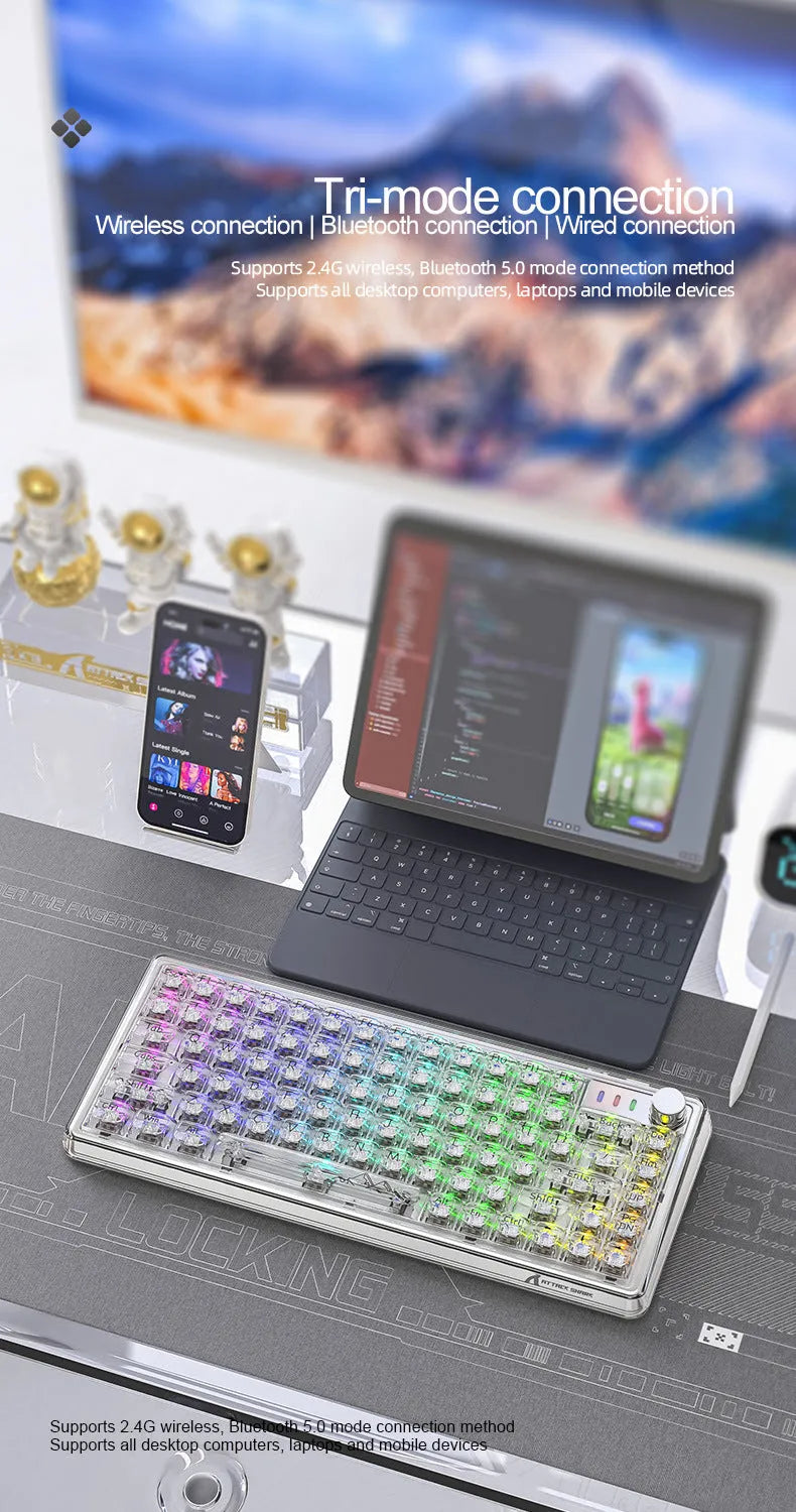 Attack Shark K75RGB wireless mechanical keyboard with transparent PC case showing RGB lighting