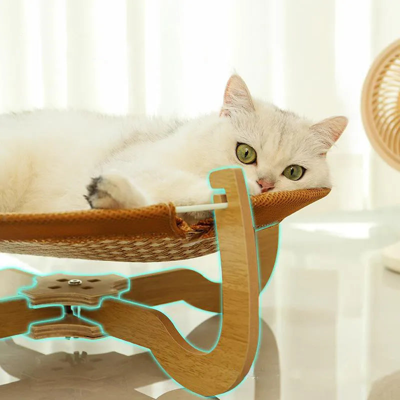 Brown woven rattan cat hammock with square 46cm base and raised sleeping platform