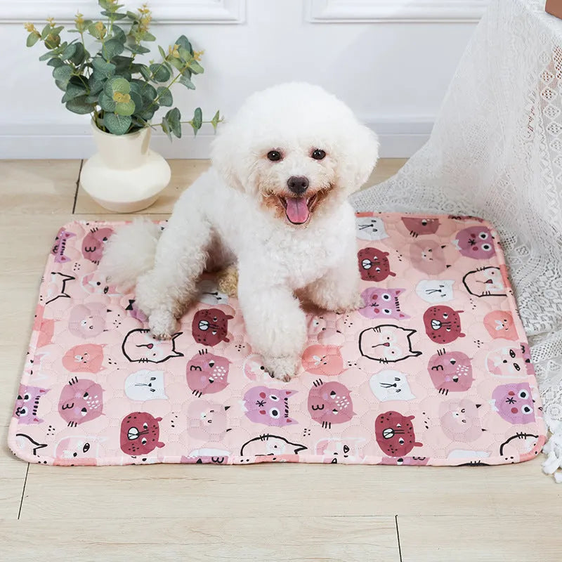 Washable waterproof pet urine pad showing animal pattern design and size options