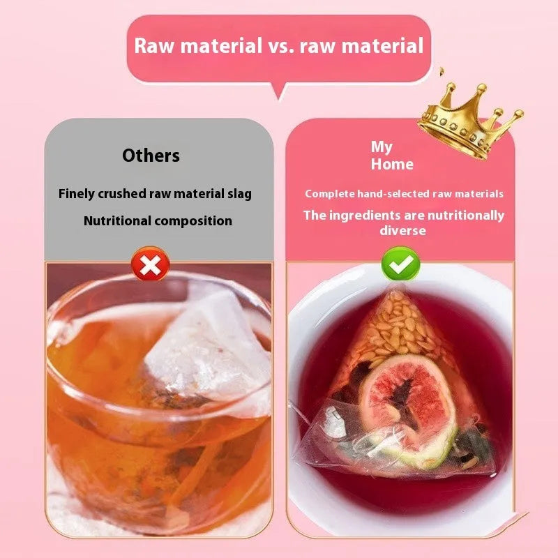 Box of mulberry herbal tea packets with flaxseed and fig ingredients, shown with a free white cup.