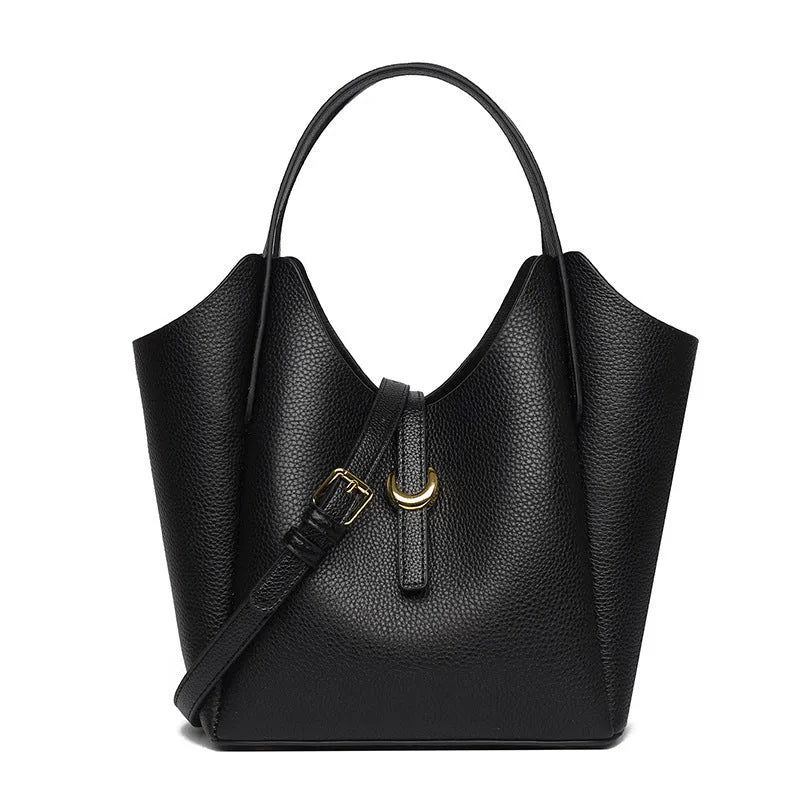 Genuine leather women's retro bucket bag in beige with top handle and sandwich pocket