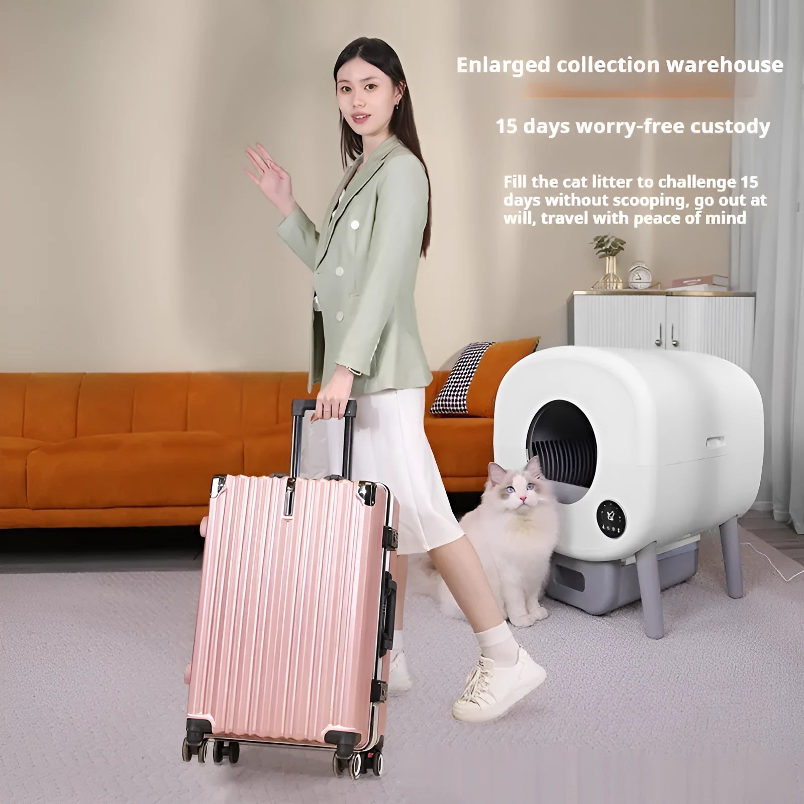 Automatic self-cleaning cat litter box with ABS plastic body and 76L capacity