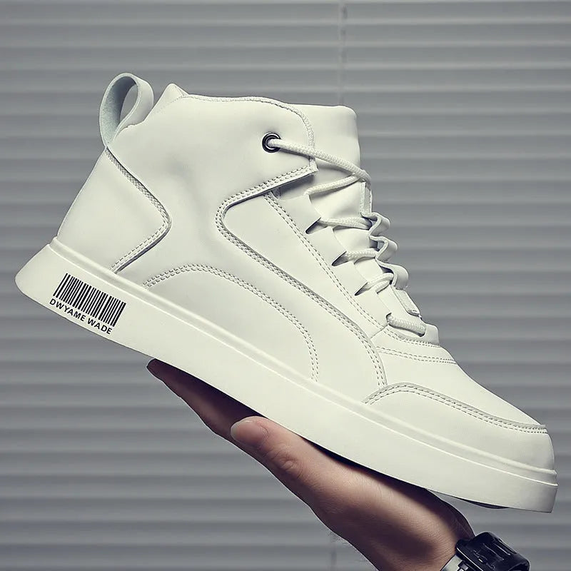 Men's white mid-top lace-up casual trainers with round toe and rubber sole.
