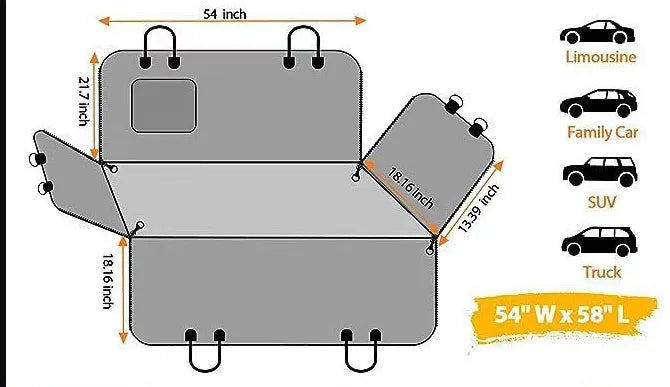 Pet car rear seat cushion cloth orange with pocket 137x147cm anti-bite water resistant dog seat cover