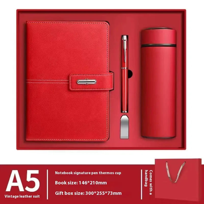 Custom A5 notebook with imitation leather cover in Business Black showing wood-free paper interior pages