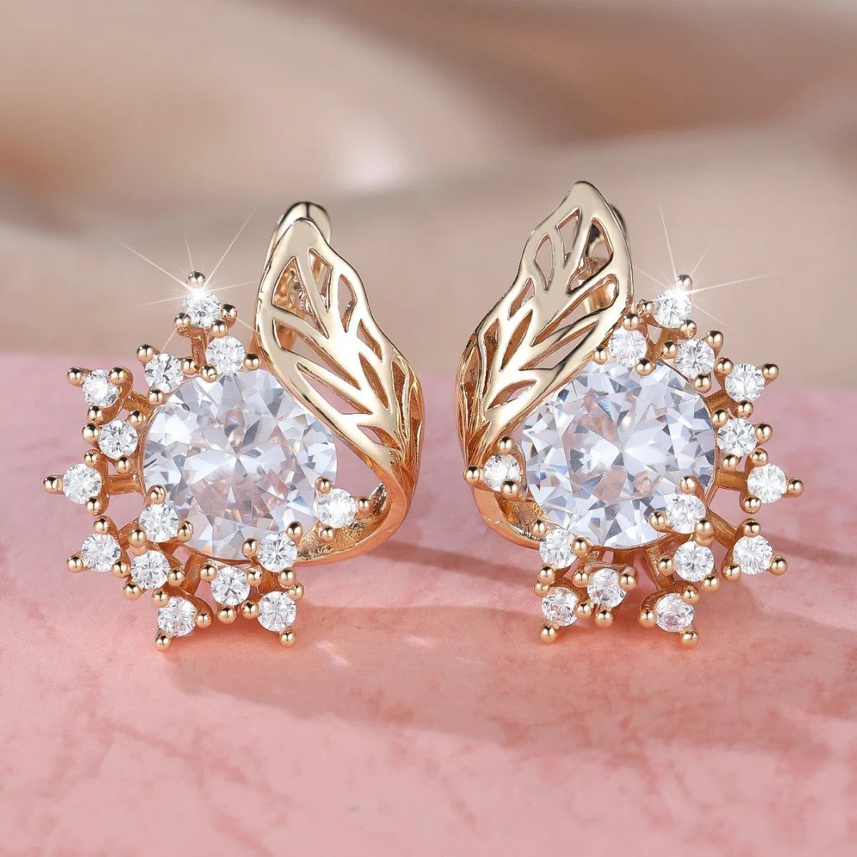 Round flowers feather design rose gold zircon earrings with coloured stone centre options