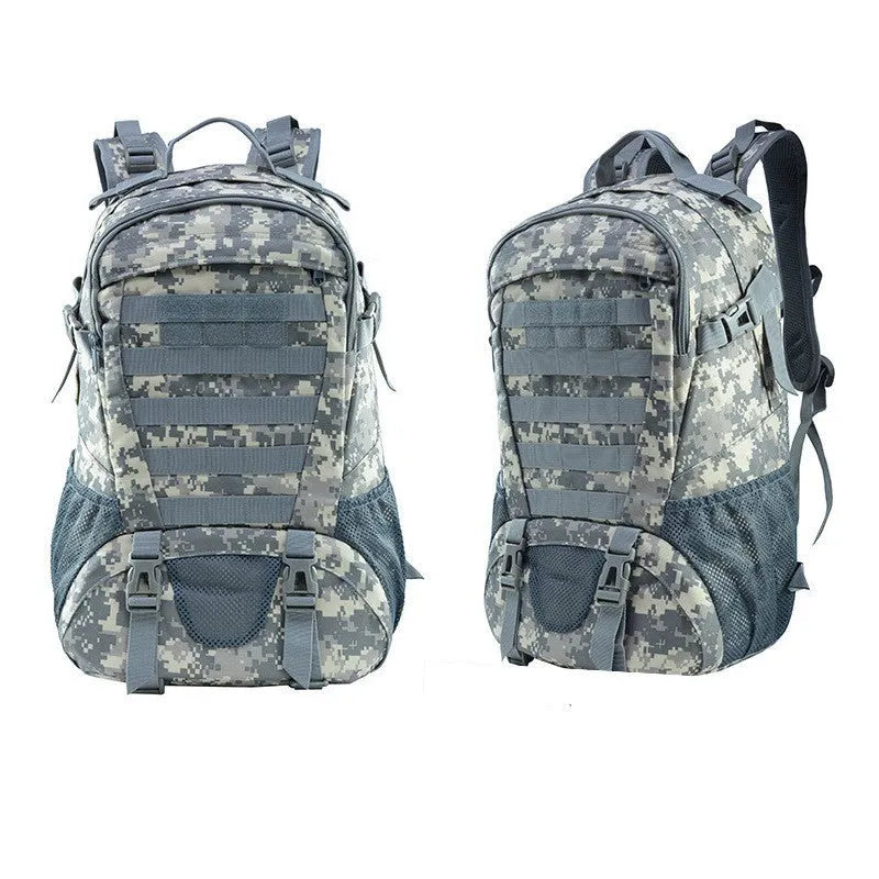 Outdoor mountaineering backpack in Oxford cloth shown in a camouflage colour with air pillow belt system.