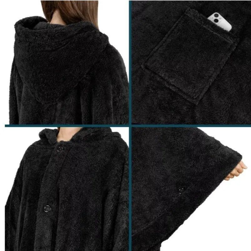 Thick hooded bathrobe in black colour with long sleeves and cardigan-style front