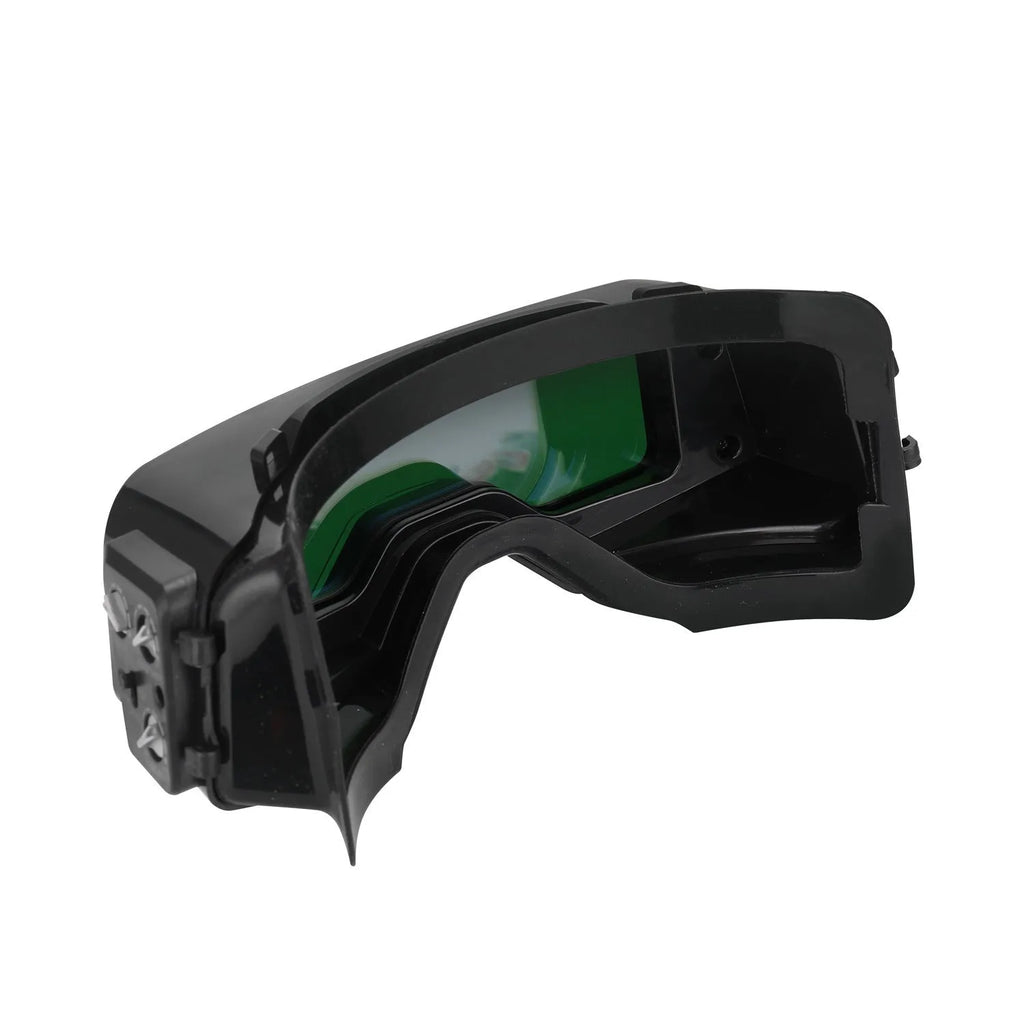 Black automatic welding mask with a large rectangular viewing lens and head strap.