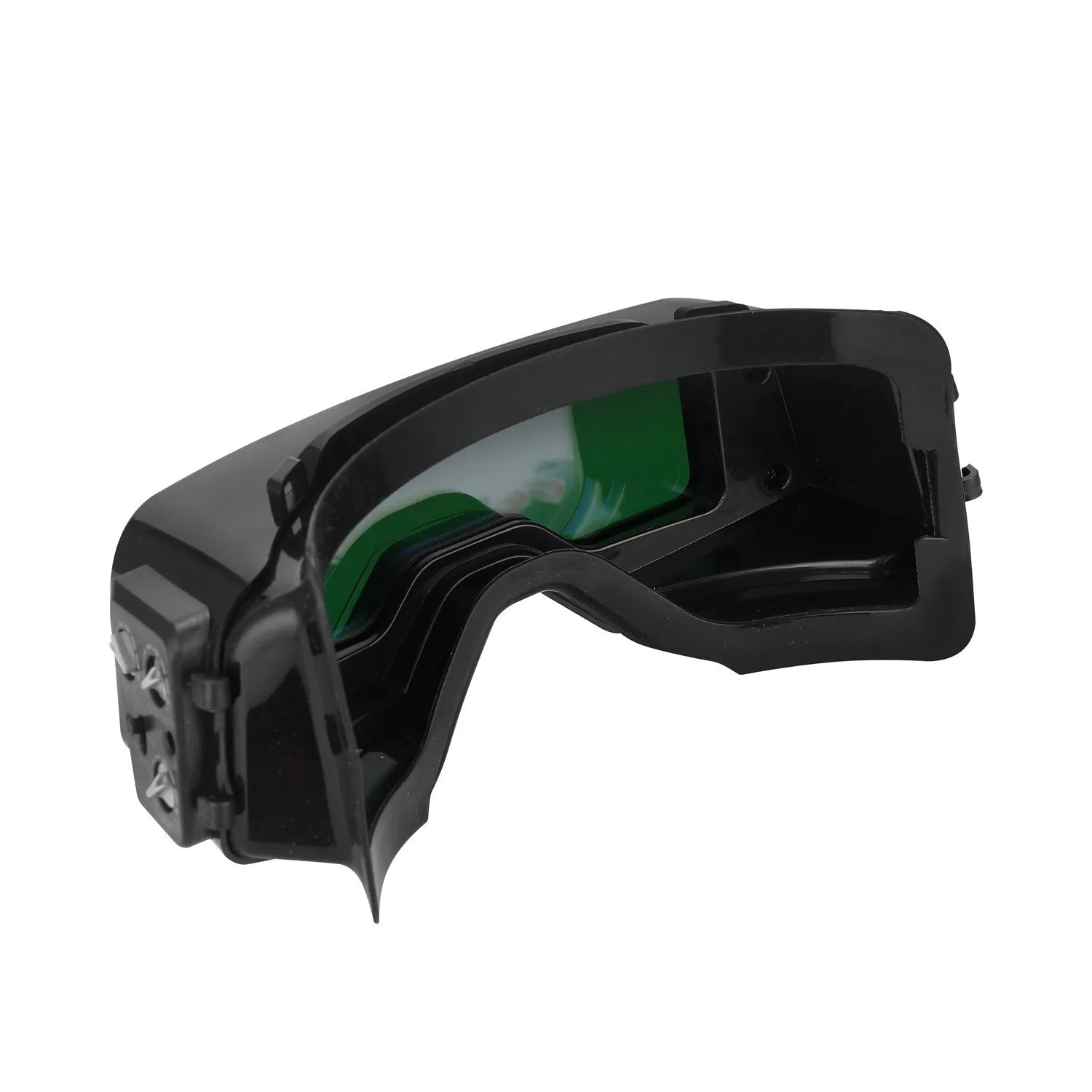 Black automatic welding mask with a large rectangular viewing lens and head strap.