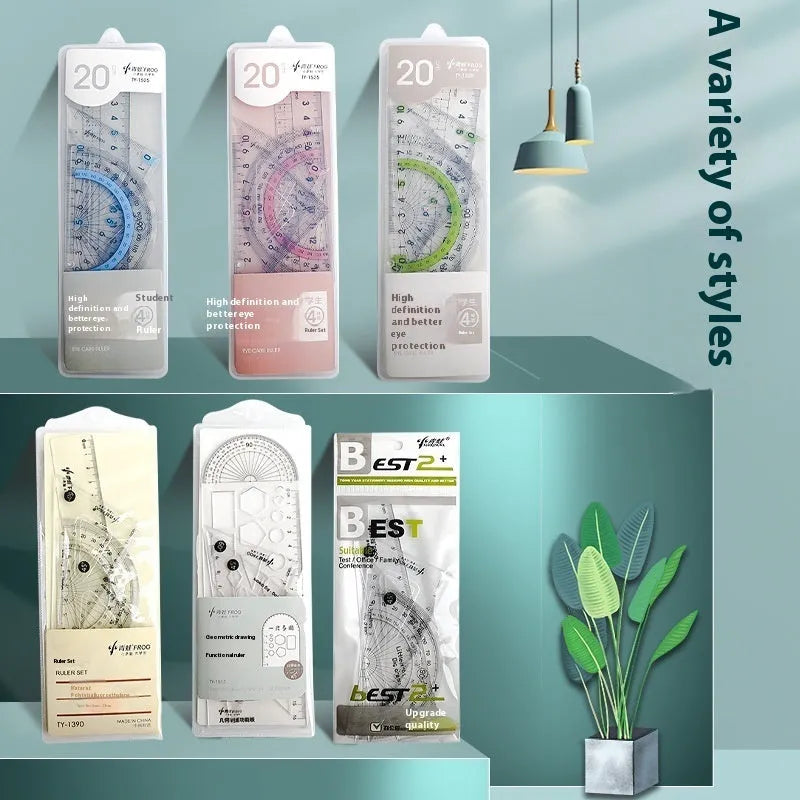 Youpai transparent acrylic drawing ruler set with square protractor on a technical drawing.