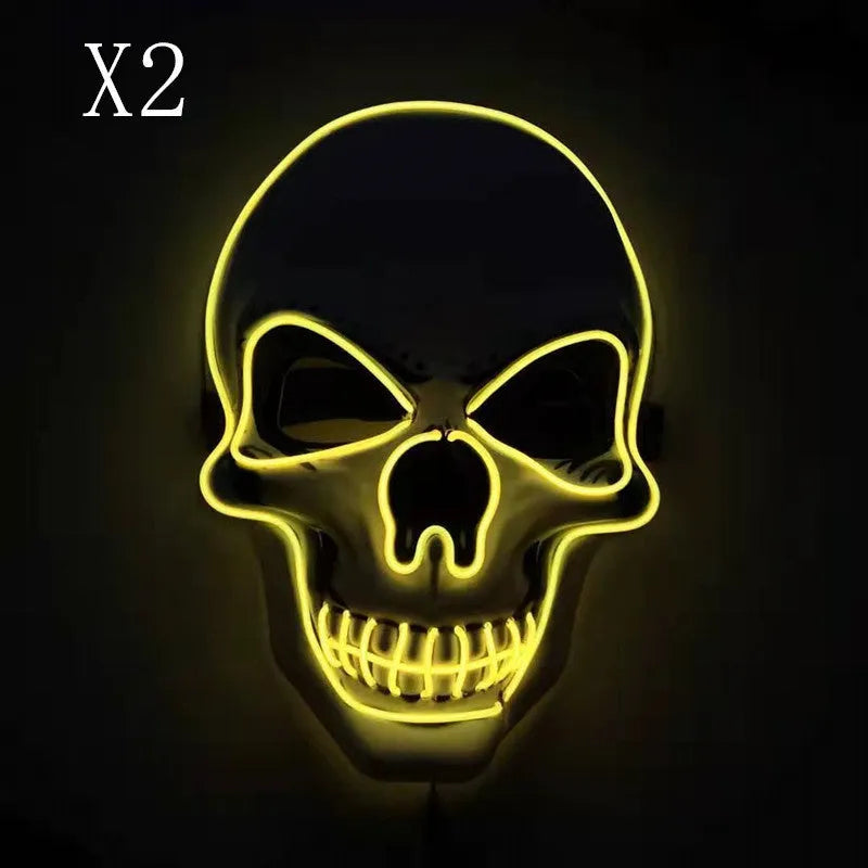 Skull LED glowing Halloween mask with EL wire, available in multiple colours, on a black background