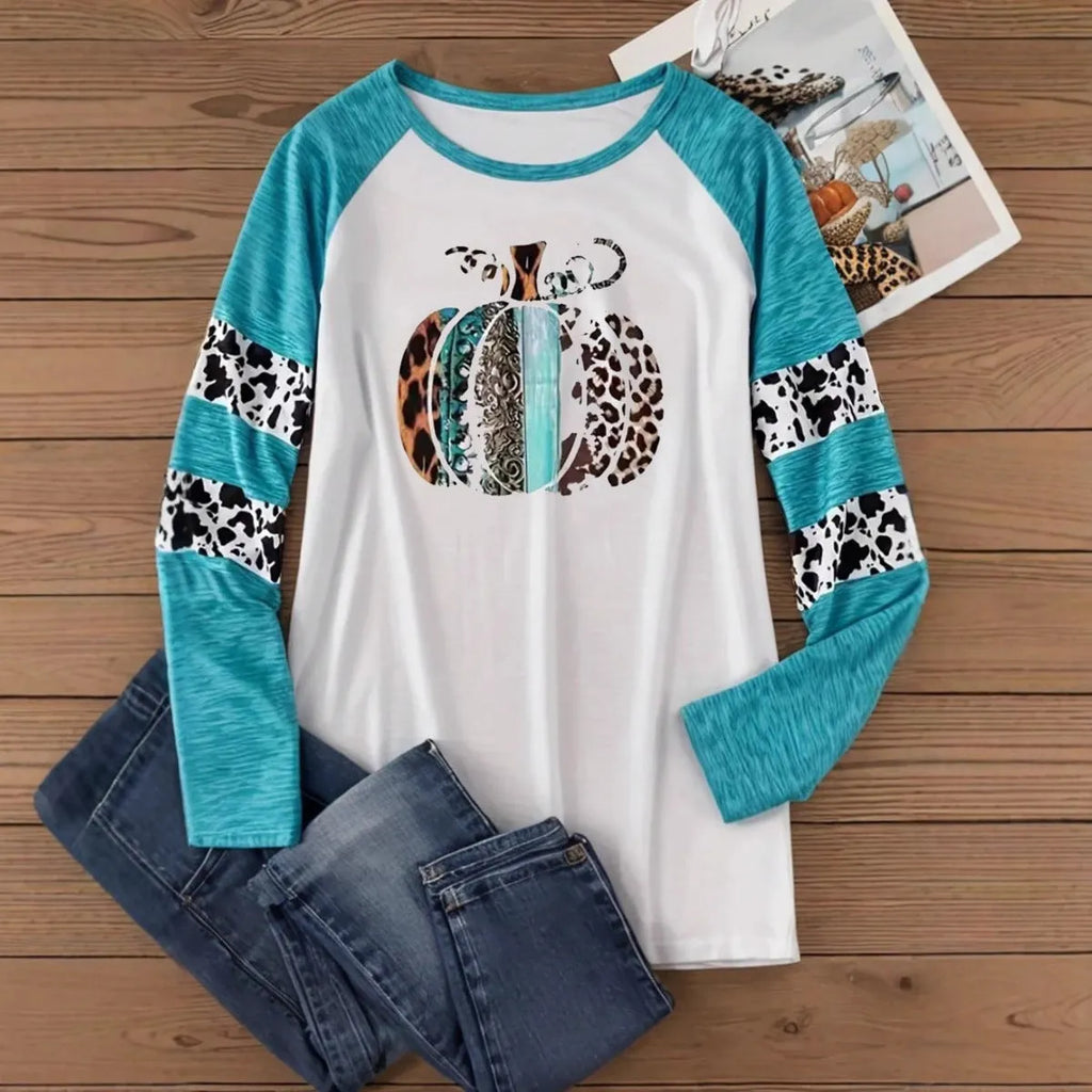 Sky blue long sleeve t-shirt with a detailed 3D printed Halloween pumpkin design on the front.