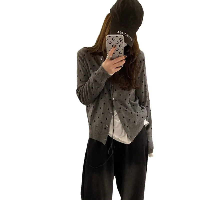 Women's Korean-style grey dot knitted cardigan with crochet flower details and long sleeves