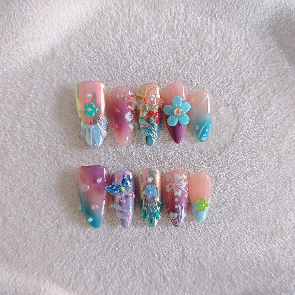 Handmade colourful butterfly wear manicure sculpture with floral patterns and embossed details