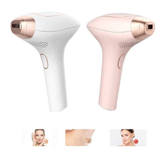 Pink and white three-in-one ice-sensing laser hair removal device with glasses and shaver
