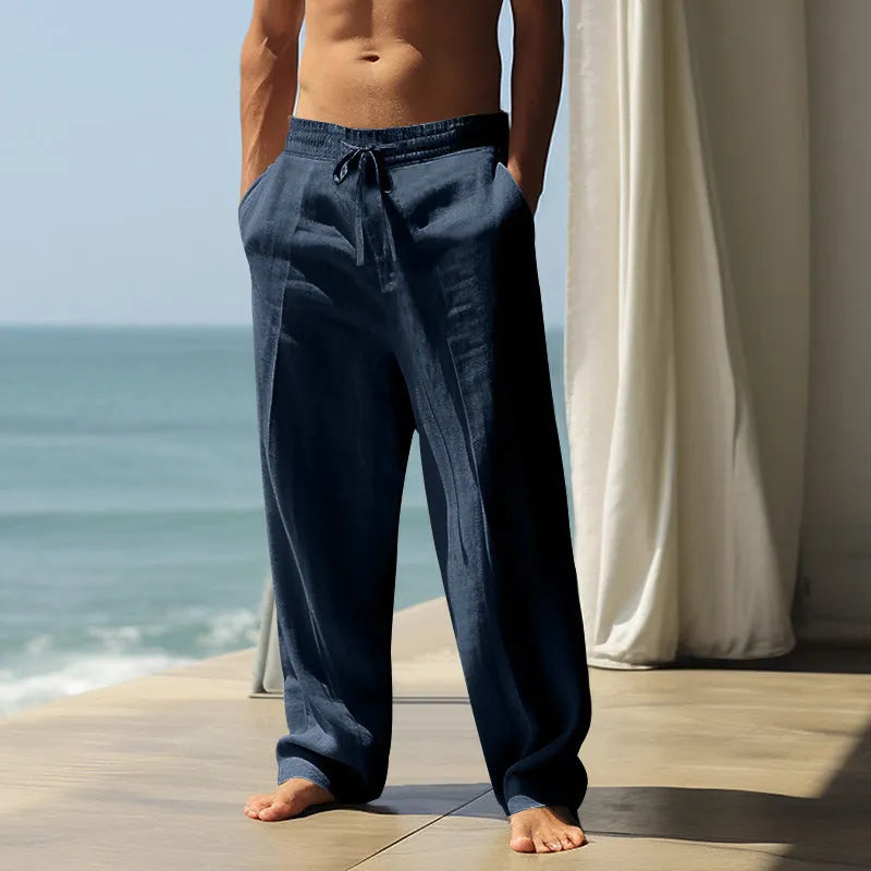 Cotton men's casual trousers with elastic waist in solid colours
