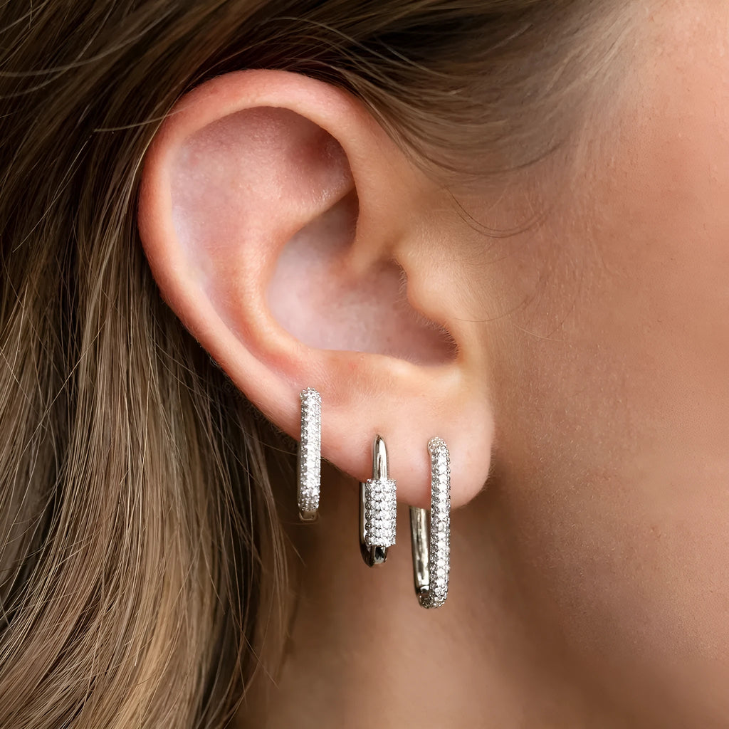 Geometric copper ear clip three-piece set with micro inlaid zircon detailing in gold and white finishes