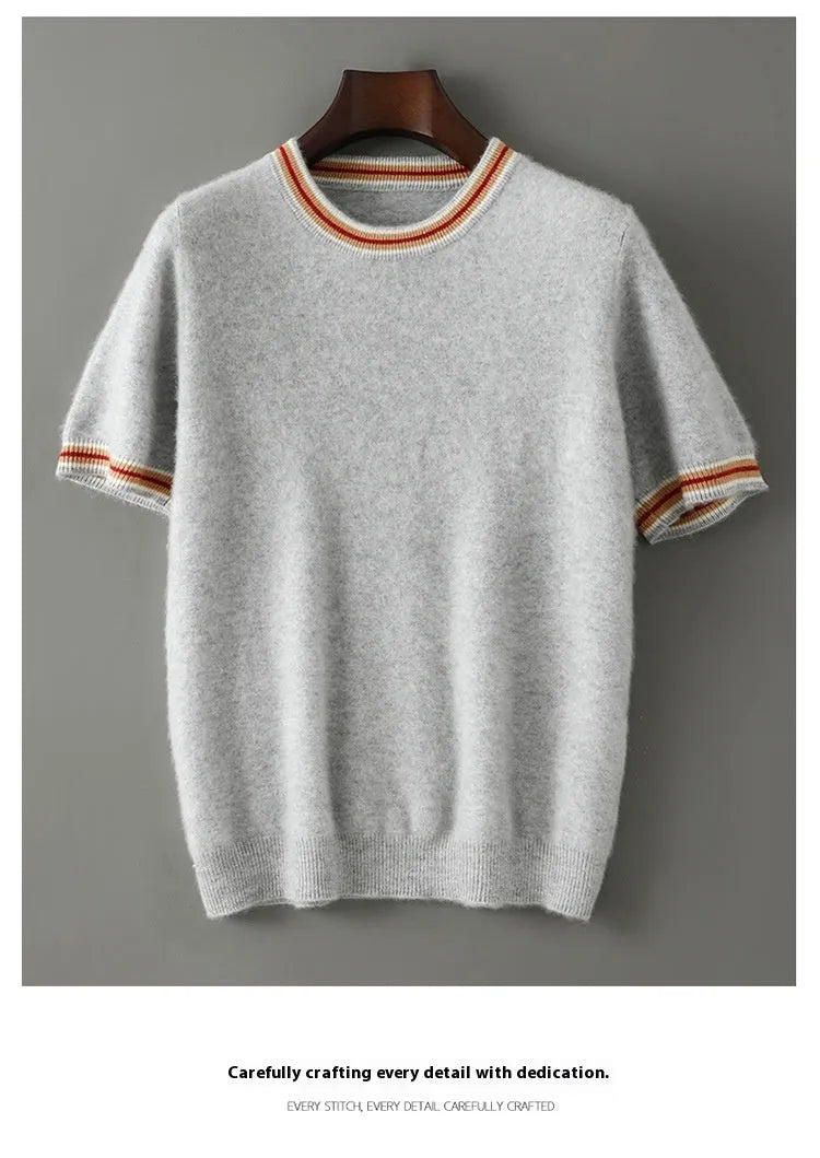 Men's pure wool short sleeve round neck sweater in grey displayed flat