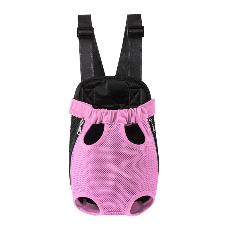 A person wearing a black breathable dog carrier backpack with a small dog inside, showing the open-top design and mesh panels.