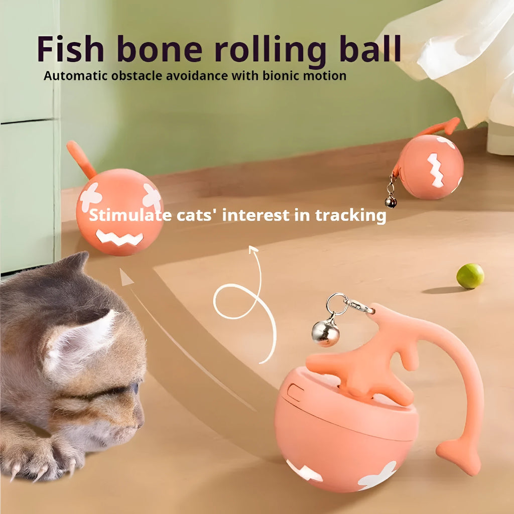 USB electric cat teasing ball with fish bone design and separate feather wand attachment in blue, pink, or yellow