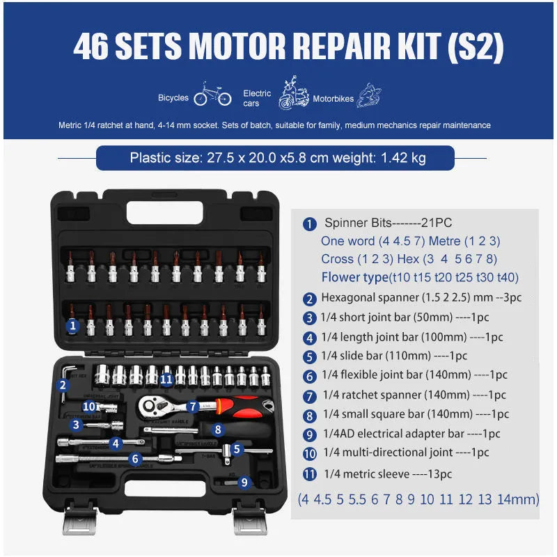 Chromium vanadium steel socket ratchet wrench set with multiple sockets in a case.