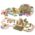 Wooden felt dinosaur track scene toy with building blocks on a table