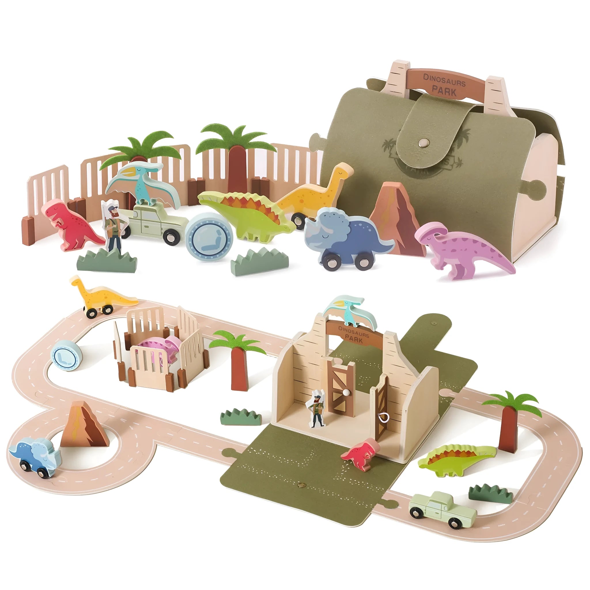 Wooden felt dinosaur track scene toy with building blocks on a table